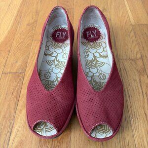 Fly London Red Peep Toe Perforated Suede Women size 38 7.5